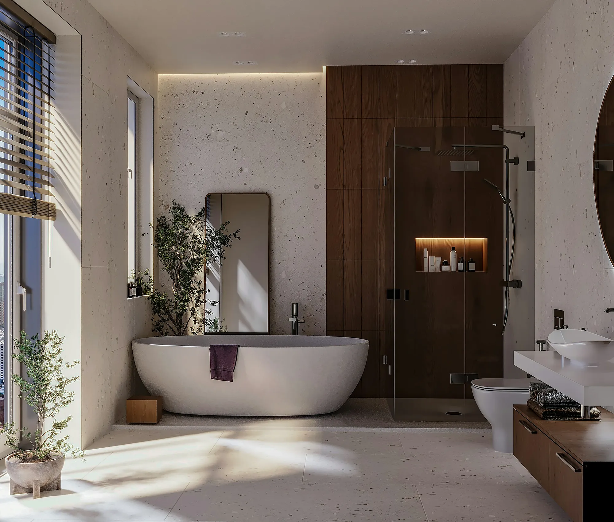 Baño reformado con bañera exenta, ventanal y revestimiento de madera